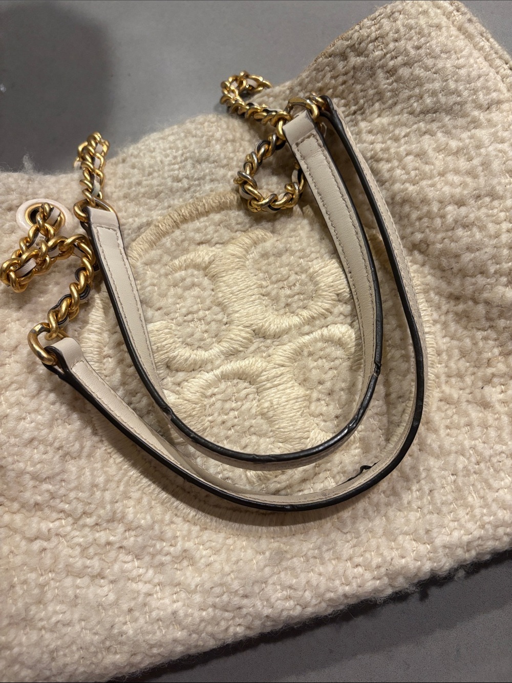 Tory Burch Cream Sherpa Tote Bag with Chain Handles